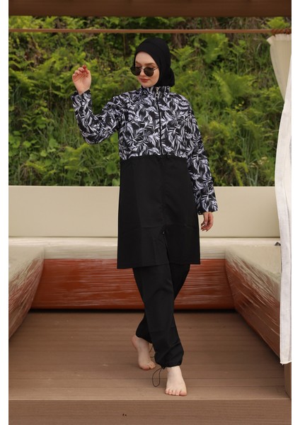 Remsa Tesettür Mayo Kadınlar İçin Beyaz Yaprak Desenli Paraşüt Kumaş Üst ve Pantolon Seti