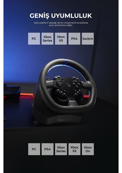 Superdrive SV-950 Direksiyon Seti – Çift Titreşim Motoru, 900°/270° Dönüş Açısı, Pedallı, PS5/PS4, Xbox Series X/S, Xbox One ve PC Uyumlu Kablolu Oyun Direksiyonu