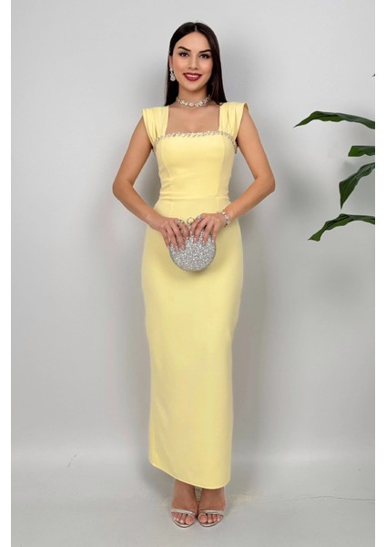 Valentia Madonna Yaka Taş Işlemeli Kalem Sarı Abiye Elbise, Zarif Davet Elbisesi