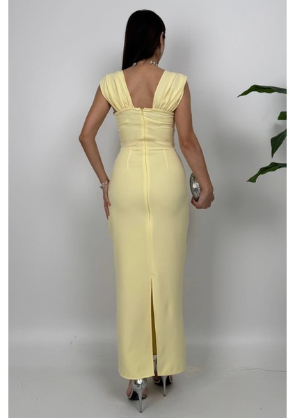 Valentia Madonna Yaka Taş Işlemeli Kalem Sarı Abiye Elbise, Zarif Davet Elbisesi modelleri