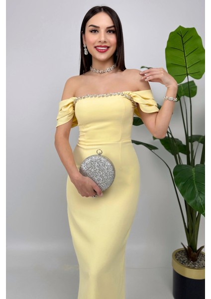 Valentia Madonna Yaka Taş Işlemeli Kalem Sarı Abiye Elbise, Zarif Davet Elbisesi fırsatları