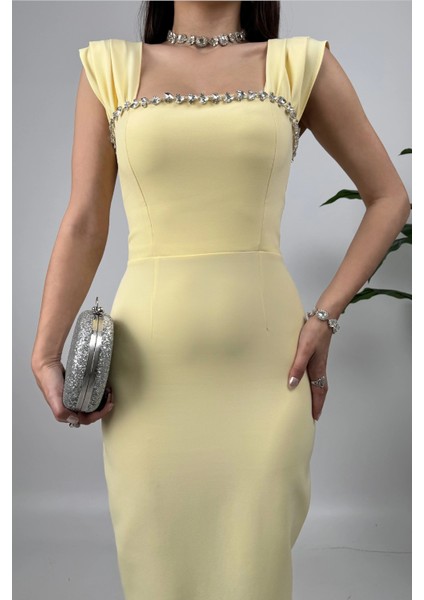 Valentia Madonna Yaka Taş Işlemeli Kalem Sarı Abiye Elbise, Zarif Davet Elbisesi indirimleri