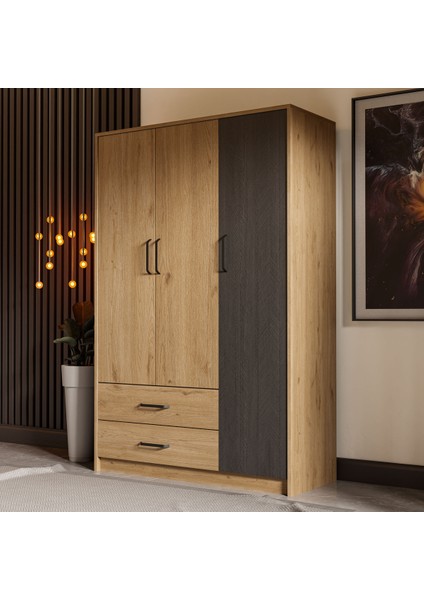 Grande Modern Antrasit 3 Kapılı Gardırop – Suntalam, 2 Çekmeceli, 5 Raflı, Aynasız ve Fonksiyonel