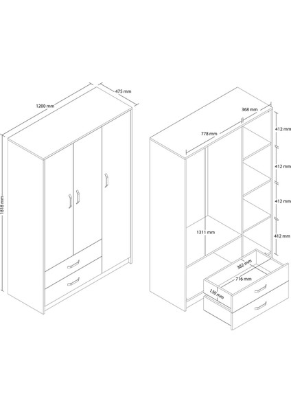 Grande Modern Antrasit 3 Kapılı Gardırop – Suntalam, 2 Çekmeceli, 5 Raflı, Aynasız ve Fonksiyonel