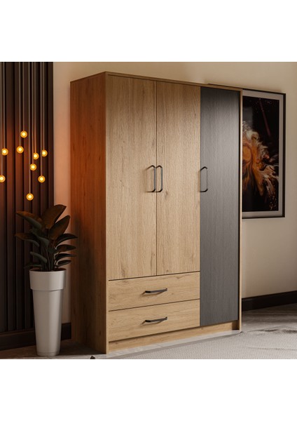 Grande Modern Antrasit 3 Kapılı Gardırop – Suntalam, 2 Çekmeceli, 5 Raflı, Aynasız ve Fonksiyonel