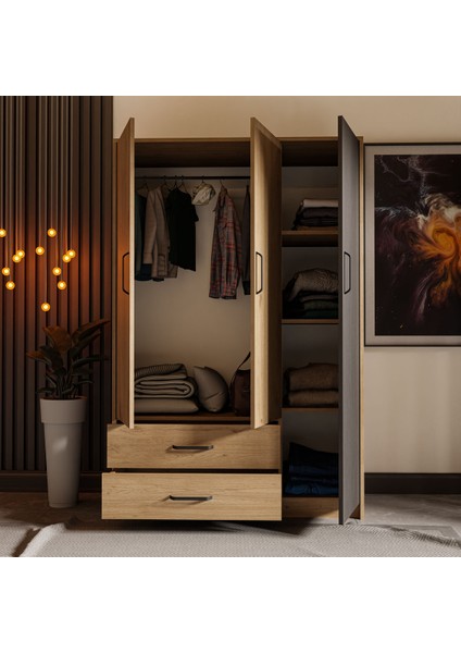 Grande Modern Antrasit 3 Kapılı Gardırop – Suntalam, 2 Çekmeceli, 5 Raflı, Aynasız ve Fonksiyonel