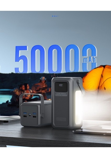 50.000 Mah Hızlı Şarj Kamp Işıklı 4x USB 1xtype-C 1xmicro Çıkışlı Çoklu Kablolu LED Panel Powerbank