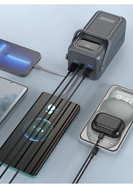 50.000 Mah Hızlı Şarj Kamp Işıklı 4x USB 1xtype-C 1xmicro Çıkışlı Çoklu Kablolu LED Panel Powerbank