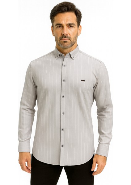 Beyaz Çizgili Likralı Gömlek Taş