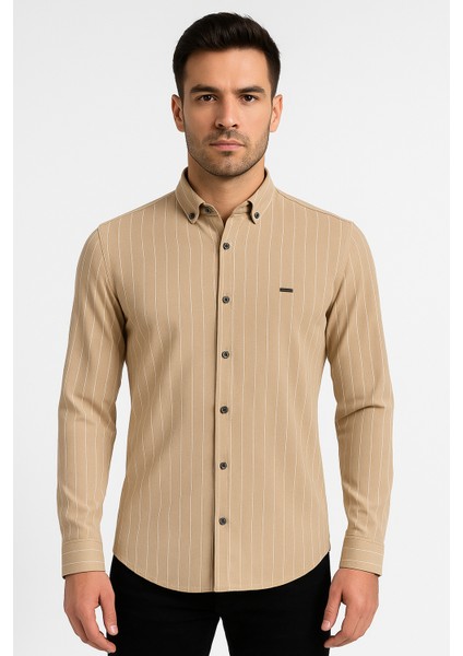 Beyaz Çizgili Likralı Gömlek Bej