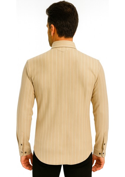 Beyaz Çizgili Likralı Gömlek Bej fiyatları