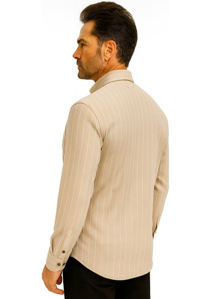 Beyaz Çizgili Likralı Gömlek Bej modelleri