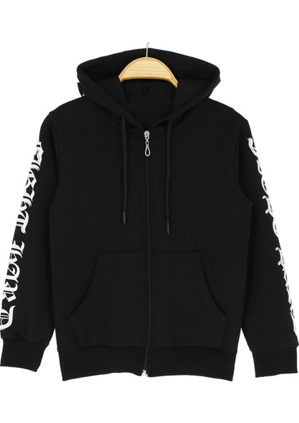 Erkek Çocuk Kolları Kapüşonu Yazı Desenli Fermuarlı Kanguru Cepli Siyah Hırka