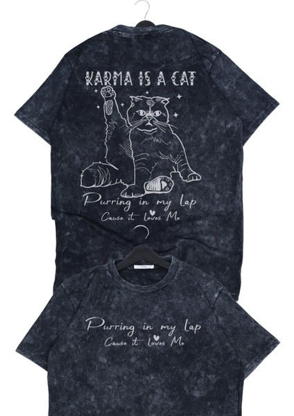 Unisex Karma Is A Cat Love Sırt Baskılı Yıkamalı T-Shirt, Oversize Taylor Swift Retro Tişört