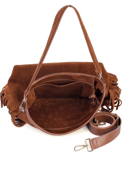 Merilda Püskül Detaylı Deri Süet Omuz Çantası modelleri