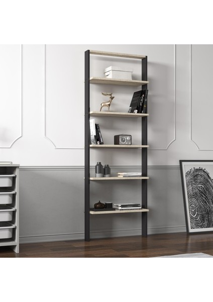 Hero 5 Raflı Modern Kitaplık - 180 cm, Antrasit/Traverten