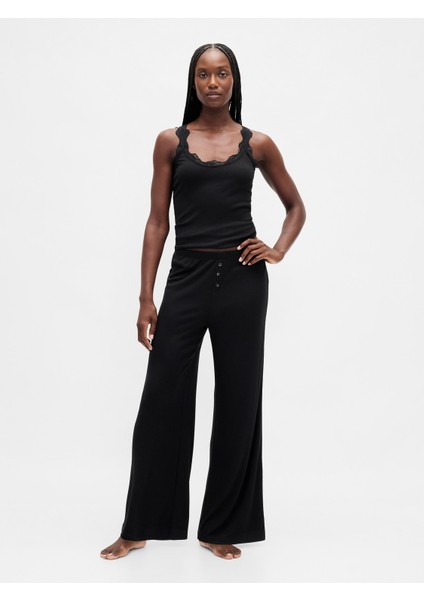 Kadın Siyah Mini Fitilli Wide-Leg Pijama Pantolon