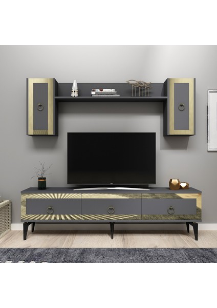 Ponnyct 180 cm Tv Ünitesi Takımı Antrasit Altın