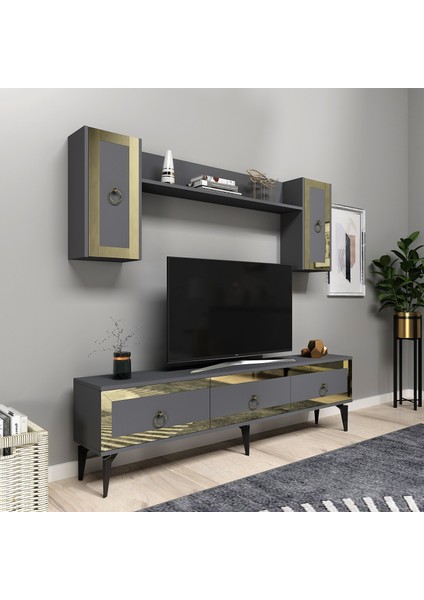 Ponnyct 180 cm Tv Ünitesi Takımı Antrasit Altın indirimleri