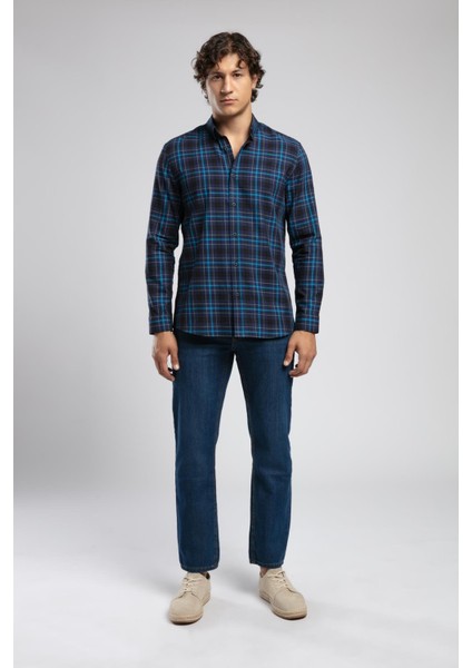 Jamie Erkek Dokuma Gömlek Lacivert-Sax Ekose
