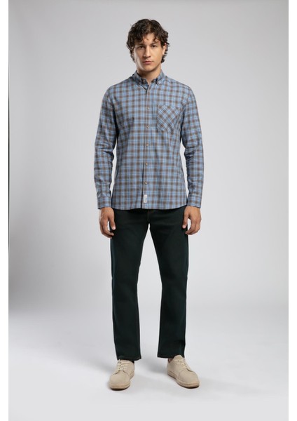 Trevor 2 Erkek Dokuma Gömlek Mavi-Taba Kareli