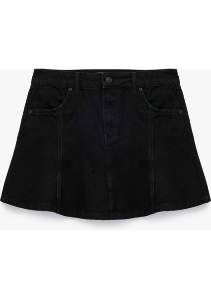 Düğmeli Mini A Kesim Volanlı Denim Etek