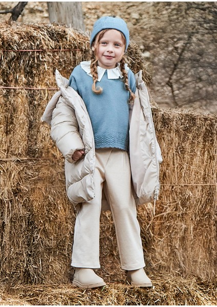 Bej Kız Çocuk Pileli Örme Pantolon 4573