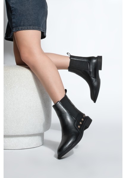 Kadın Altın Zımba Detaylı Çift Lastikli Günlük Bot Pamer Siyah