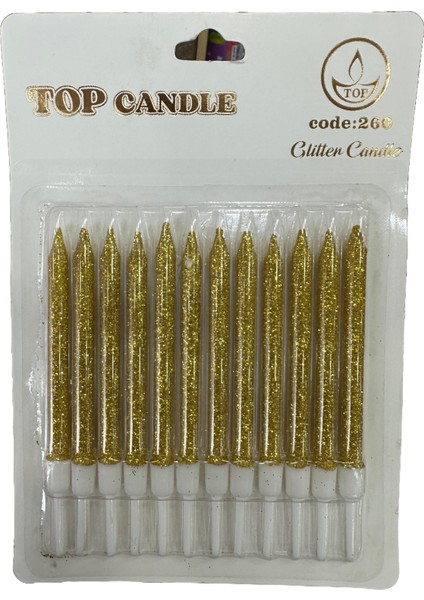 Simli Doğum Günü Parti Süs Pasta Mumu - Sarı - 8 Cm. - 12 Adetlik Paket