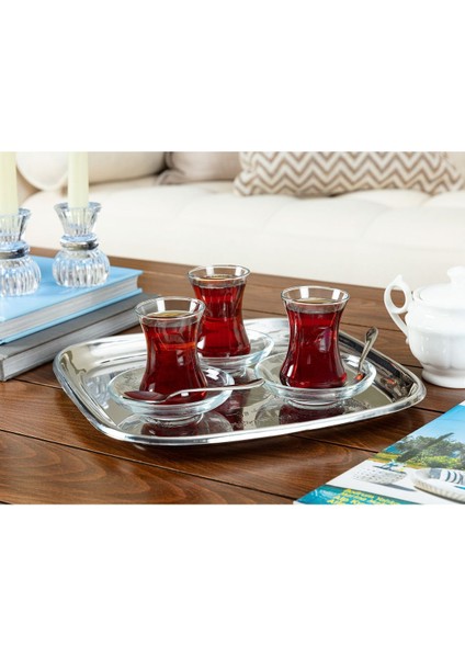 Emprise 8 Parça Cam Çay Bardağı ve Tabak Seti Klasik ve Modern Şık Tasarım