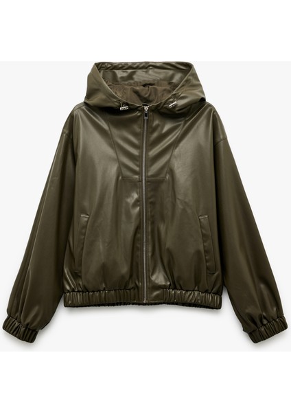 Fermuarlı Cepli Uzun Kollu Kapüşonlu Crop Suni Deri Bomber Ceket