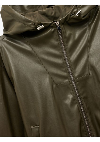 Fermuarlı Cepli Uzun Kollu Kapüşonlu Crop Suni Deri Bomber Ceket modelleri