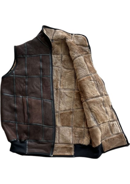 Patchwork Içi Kürk-Dışı Süet Hakiki Deri Yakalı Biye ve Triko Detaylı Yelek