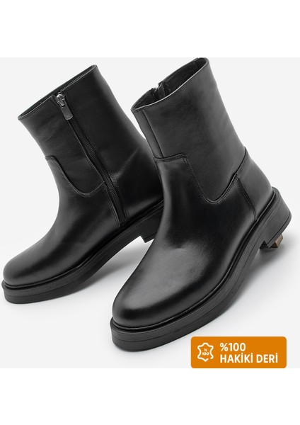 Kadın Hakiki Deri Kalın Taban Günlük Bot Zervas Siyah