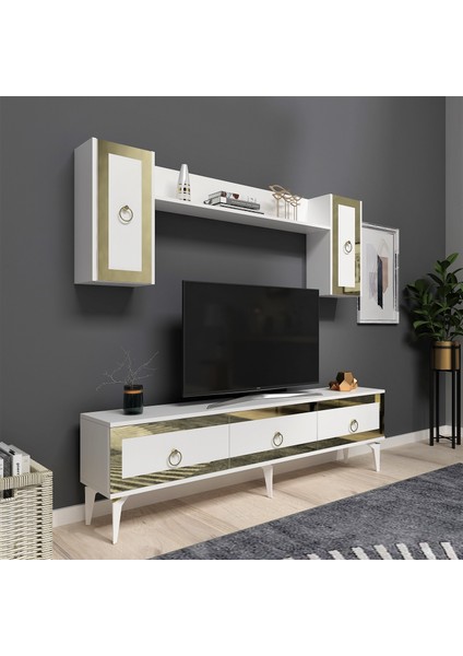 Ponnyct 180 cm Tv Ünitesi Takımı Beyaz Altın fırsatları