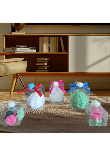 Uyuyan Melek Istiridye Yıldız ve Gül Görünümlü Kokulu Doğal Yapım Dekoratif 5li Mum