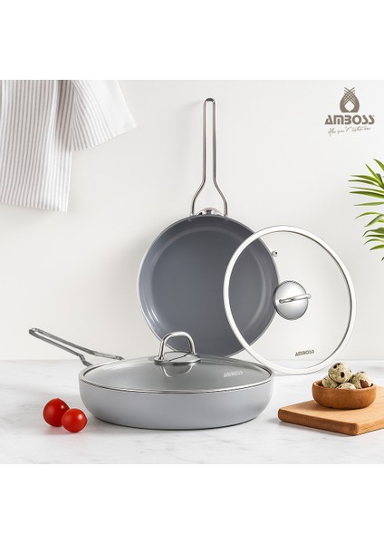 4 Parça Sera Nova Single Yanmaz Yapışmaz Seramik Tava Seti Gri