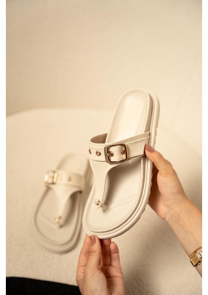 Nathex Bej Deri Kemer Detaylı Kalın Tabanlı Kadın Terlik