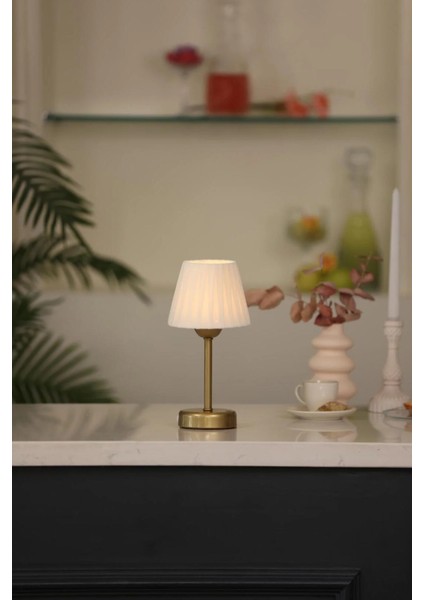 Osmanlı Ipeği Pileli Kablosuz Şarjlı Masa Lambası - Alt Uzun Eskitme Gold