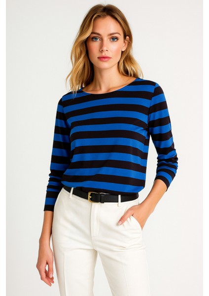 Kadın Çizgili Basic Bluz - Mavi Siyah - Günlük Rahat Şık Kombin - Yeni Sezon Trend