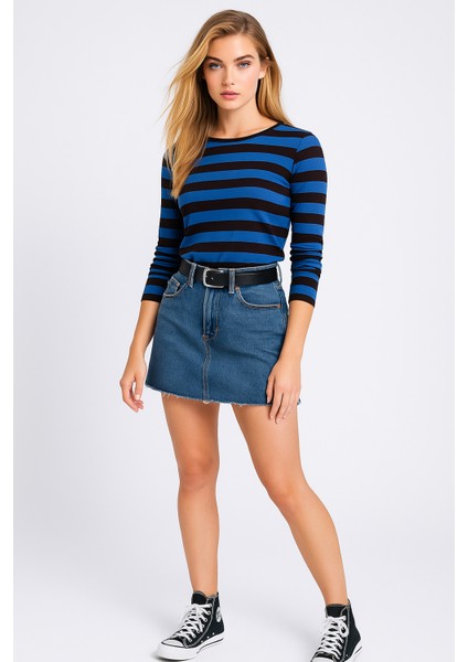 Kadın Çizgili Basic Bluz - Mavi Siyah - Günlük Rahat Şık Kombin - Yeni Sezon Trend fiyatları