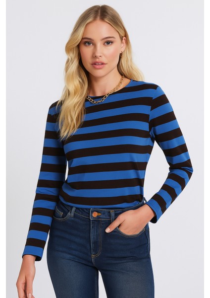 Kadın Çizgili Basic Bluz - Mavi Siyah - Günlük Rahat Şık Kombin - Yeni Sezon Trend modelleri