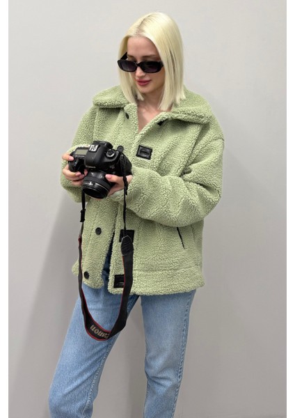 Yeşil Deri Detaylı Kadın Peluş Mont MG2485