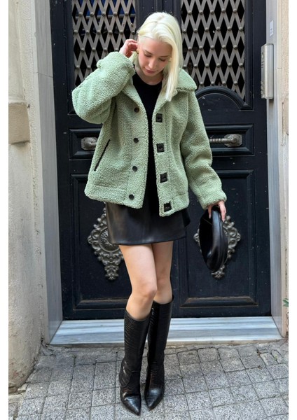 Yeşil Deri Detaylı Kadın Peluş Mont MG2485 fiyatları