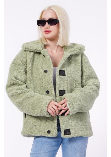 Yeşil Deri Detaylı Kadın Peluş Mont MG2485 modelleri