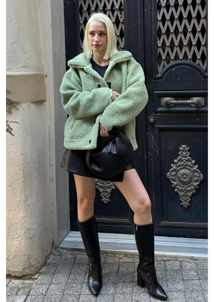 Yeşil Deri Detaylı Kadın Peluş Mont MG2485 fırsatları