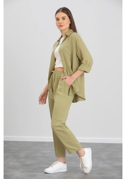 Kadın Bej Ikili Keten Gömlek Pantolon Alt Üst Takım modelleri