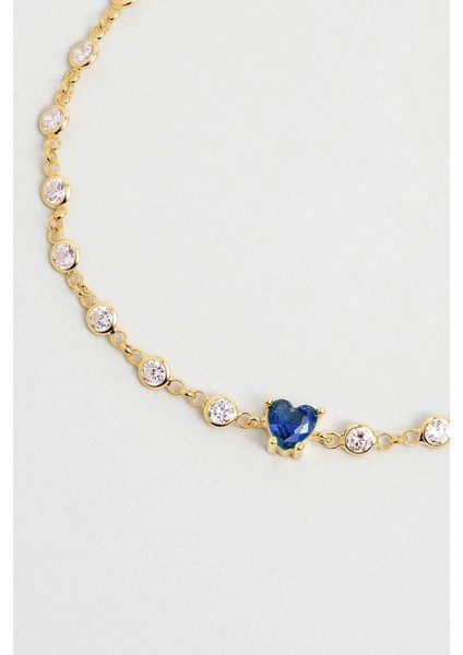 Aşk Yolu Koleksiyonu 18 Ayar Altın Kaplama Gümüş, Lacivert Taşlı Kalp Tasarım Kadın Bileklik