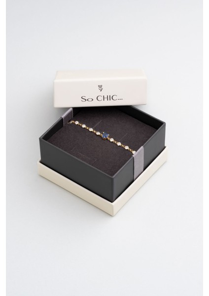 Aşk Yolu Koleksiyonu 18 Ayar Altın Kaplama Gümüş, Lacivert Taşlı Kalp Tasarım Kadın Bileklik