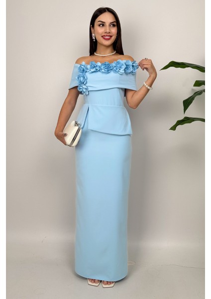 Vivenza Gül Detaylı Omuz Açık Kayık Yaka Uzun Mavi Abiye Elbise, Nişan ve Davet Zarafeti